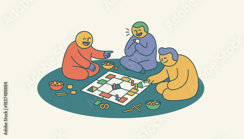 A group of friends playing board games on a cozy living room floor snacks tered around and laughter filling the air.