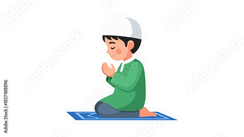 Young Muslim Boy Kneeling on Prayer Mat Wearing White Kufi and Green Thobe in Prayer Pose Praying to God with Eyes Closed Peaceful Devotion Islamic Worship