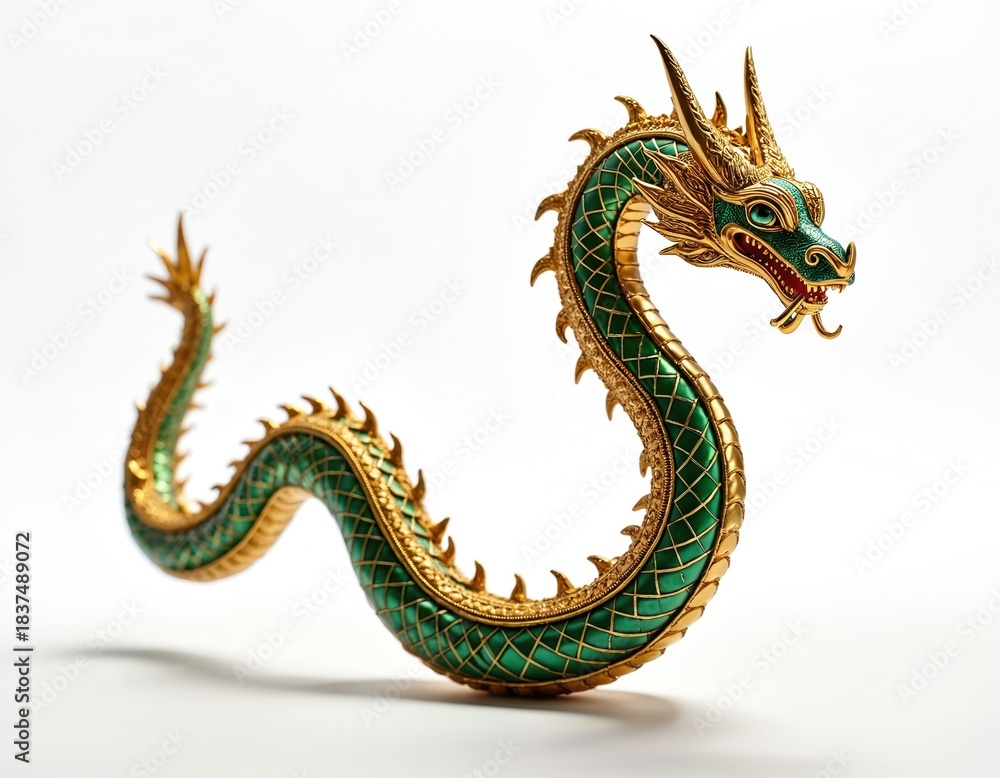 Fototapeta premium Golden dragon serpent statue with green scales and ornate details. Mythical creature sculpture on white background, isolated art object. Fantasy asian symbol, powerful spirit.
