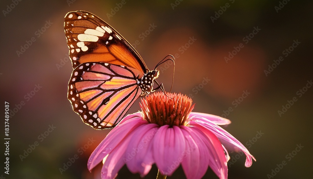 Fototapeta premium close up of a butterfly delicately feeding on a pink flower proboscis extended droplet of nectar visible