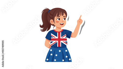 Young girl wearing a Union Jack t-shirt and blue skirt with stars pointing upwards with a curious expression isolated on black background