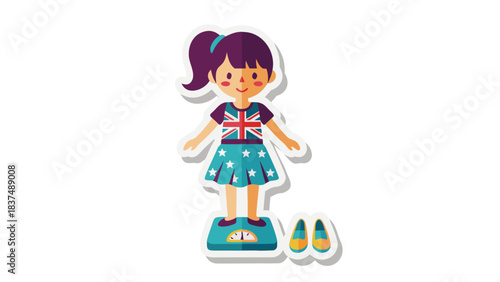 Young Girl Wearing A Union Jack T-Shirt And Blue Dress Standing On A Bathroom Scale With Her Shoes Beside Her