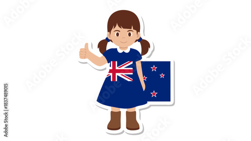 Young Girl Wearing New Zealand Flag Dress Gives Thumbs Up Gesture With New Zealand Flag Beside Her On Black Background
