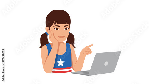 Young Girl Wearing Red White And Blue Tank Top With Star Design Pondering While Pointing At Laptop Screen Isolated On Black Background