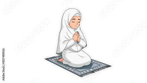 Young Girl Wearing White Hijab and Ihram Clothing Kneeling in Prayer on a Prayer Rug with Closed Eyes and Clasped Hands in a Simple Religious Scene