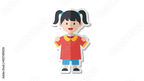 Young girl with black pigtails wearing a red shirt and blue shorts standing with a happy expression on a transparent background