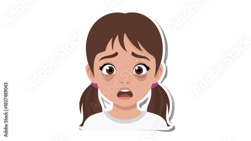 Young Girl With Brown Pigtails And Dark Under Eye Circles Looks Distressed With Open Mouth And Wide Eyes Wearing White Shirt And Purple Earrings Isolated On Black Background