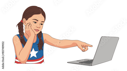 Young Girl With Brown Pigtails Wearing A Blue Tank Top With A White Star Engaged In An Activity On A Laptop Computer With A Light Gray Screen And Silver Casing
