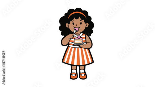 Young Girl with Curly Black Hair Wearing an Orange and White Striped Dress and Headband Enjoys a Slice of Cake on a Plate With Pink Frosting and Sprinkles Holding a Fork in a Sweet Moment