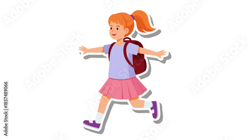 Young Girl With Orange Hair And Ponytail Wearing A Pink Skirt And Light Purple Shirt Carrying A Maroon Backpack While Running With A Smile On Her Face In A Studio Setting