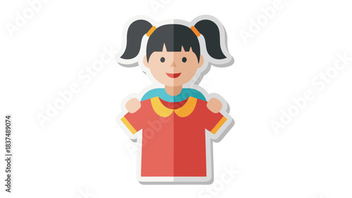 Young Girl with Pigtails Holding a Red Shirt with Yellow Collar and Blue Trim Against a Black Background Flat Icon Style