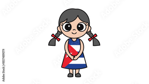 Young Girl With Pigtails Wearing A Dress Decorated With The Cuban Flag Pattern Against A Black Background