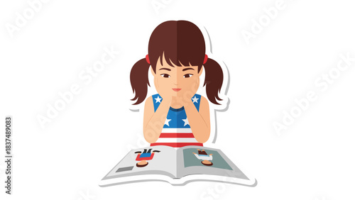 Young Girl With Pigtails Reading An Open Book With Patriotic American Flag Themed Dress Thinking Deeply With Chin Resting On Hands Isolated On Black Background