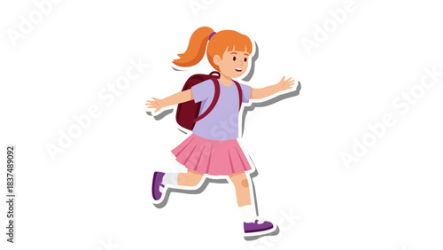 Young Girl With Ponytail Running With A Backpack On Her Back Wearing A Purple T Shirt Pink Skirt And White Socks With Purple Shoes Isolated On Black Background