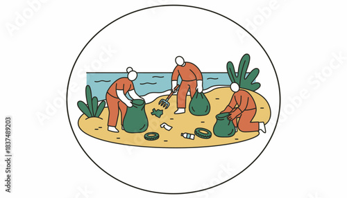 Volunteers cleaning a local beach equipped with trash bags and gardening gloves working together to preserve the environment.