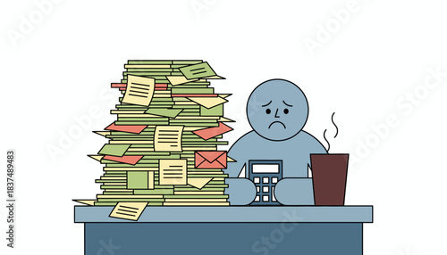 A worried student looks at a mountain of bills and loan statements on their desk with a calculator and a coffee cup nearby illustrating the stress of managing finances.
