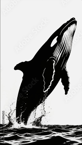 A black and white whale jumping out of the water — the monumentality of the ocean and the drama of the moment. Suitable for environmental campaigns, posters and book covers. Vector graphics. EPS.