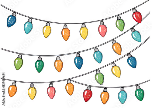 Photos Colorful hand-drawn festive string lights in multiple rows on a white background
