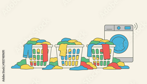 A collection of laundry baskets overflowing with colorful clothes with a washing machine humming quietly in the background.