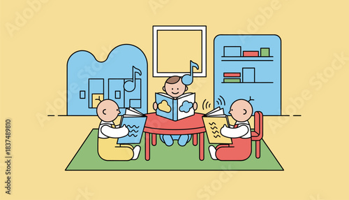 A playful scene in a colorful classroom where toddlers engage with tactile storybooks exploring textures and sounds.