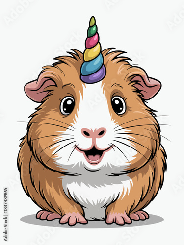 A cartoon guinea pig is wearing a colorful unicorn horn.