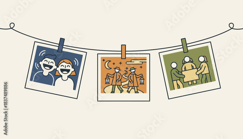 A string of photos clipped on twine across the room capturing moments of laughter latenight adventures and shared experiences.