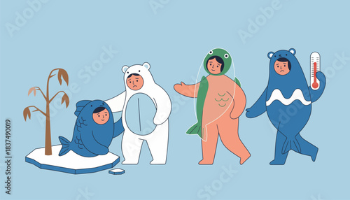 A group of people dressed as animals such as polar bears and fish playfully interacting with each other drawing attention to the impacts of climate change on wildlife.