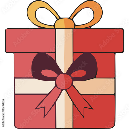 A Red Gift Box Tied With A Yellow Ribbon And A Red Bow With A Cream Colored Ribbon Accent Isolated On A Black Background