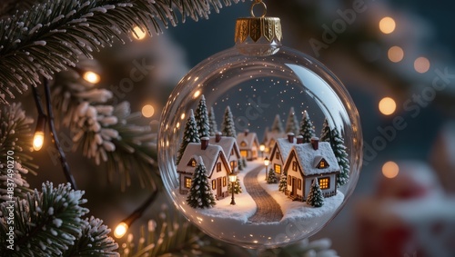 Ultra-realistic Christmas ornament with a miniature snowy town inside, sharp details, and warm glowing tree lights, ideal for holiday design, festive ads