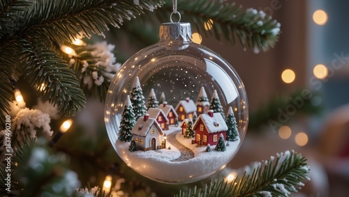 Ultra-realistic Christmas ornament with a miniature snowy town inside, sharp details, and warm glowing tree lights, ideal for holiday design, festive ads