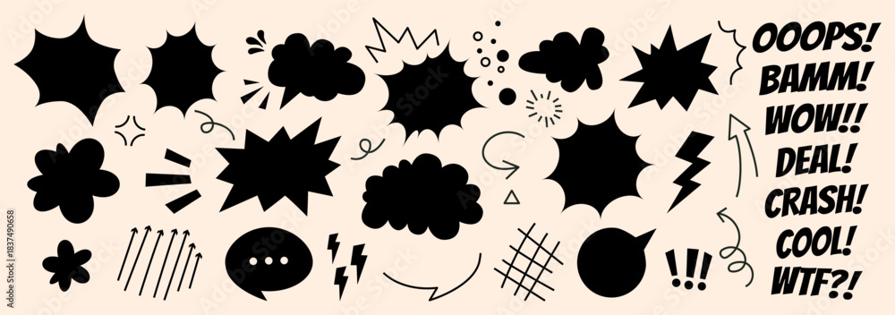 Fototapeta premium Black comic speech bubbles set with oops, bamm, wow text effects on white. Bold doodle chat balloons and retro pop art action words for comics design, manga scenes, messages, dynamic cartoon stickers