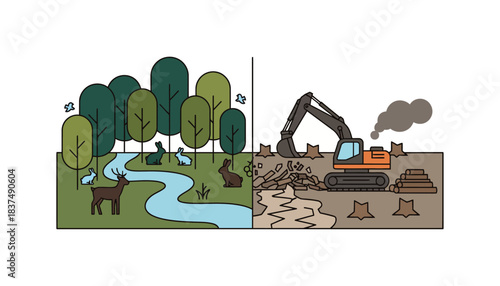 A split image of a thriving forest on one side with abundant wildlife and the other side depicting deforestation and barren land showcasing the impact of human activities.