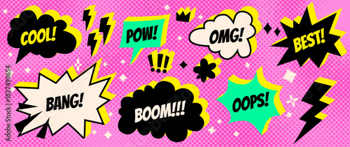 Comic book speech bubbles with 3D sound effects. Cool, Pow, Boom, Bang, Omg action words. Colorful pop art balloons on pink halftone bg. Funny onomatopoeia vector stickers for comix and anime design
