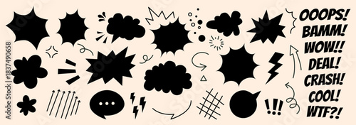 Black comic speech bubbles set with oops, bamm, wow text effects on white. Bold doodle chat balloons and retro pop art action words for comics design, manga scenes, messages, dynamic cartoon stickers