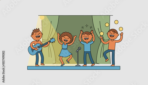 A group of friends participating in a talent show each taking turns to perform while the others cheer enthusiastically.