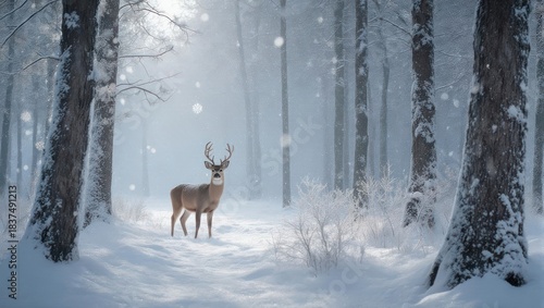 Majestic Deer Standing in a Snowy Winter Forest Landscape.