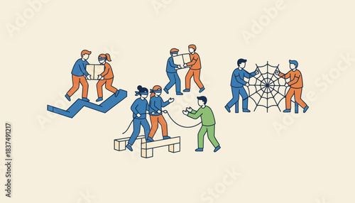 A teambuilding activity where pairs of students navigate an obstacle course encouraging teamwork and communication.