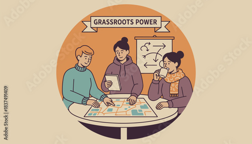 A group of queer activists planning strategies in a cozy community center highlighting the importance of grassroots organizing.