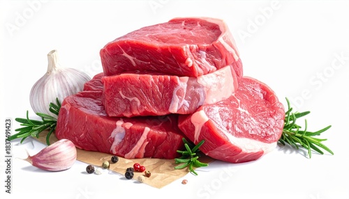 Raw beef steaks stacked with garlic, herbs and pepper on white background, fresh meat for cooking and barbecue