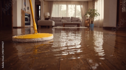 Yellow mop cleaning up a large water spill on a wooden floor in a living room.