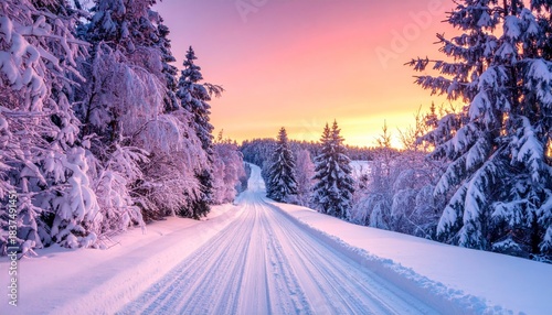  Snowy forest road at colorful sunset with frosty trees on both sides, peaceful winter landscape and travel concept