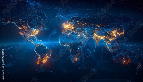 Fototapeta Naklejka Na Ścianę i Meble -  World map at night with glowing city lights and digital network connections, global data.