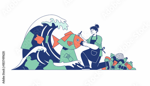 An artist creating sculptures made from reclaimed ocean plastic raising awareness about marine pollution.