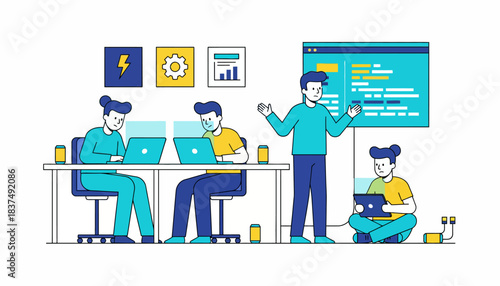 Students participating in a hackathonstyle event surrounded by posters energy drinks and intense focus on their screens.