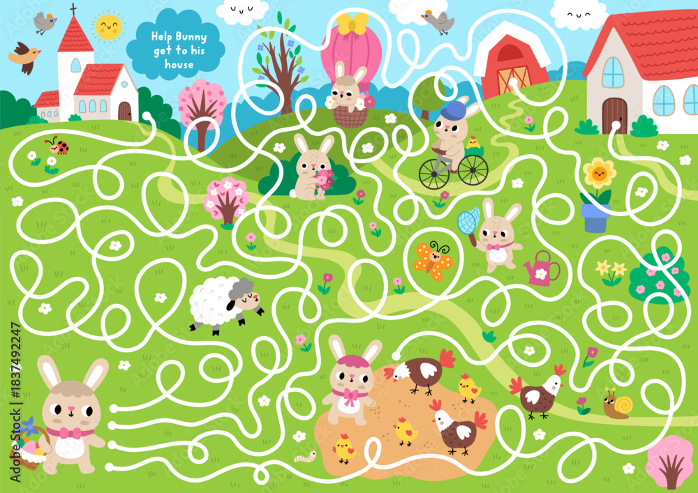 Naklejka premium Easter village maze for children with rural country scene and bunny going to house with egg basket. Detailed labyrinth game with animals, church. Spring holiday printable activity, worksheet