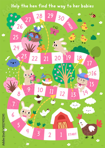 Easter village board game for children with nature scene and hen going to her chicks. Funny boardgame with bunny, birds in nest, colored eggs, barn, trees. Spring holiday printable activity, worksheet