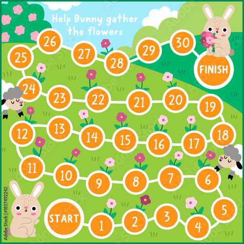 Easter village board game for children with meadow nature scene and bunny gathering flowers. Funny boardgame with cute hare, flowery field, sheep. Spring holiday printable activity, worksheet