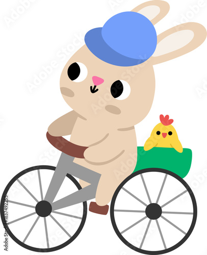 Vector Easter bunny riding bicycle with chick in the basket. Funny rabbit on bike icon. Cute spring or farm animal illustration for kids. Funny hare clipart isolated on white background