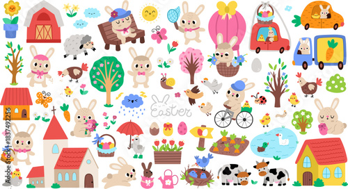 Vector Easter clipart set. Cute farm icons collection with bunny, chicks, church, colored eggs, basket, flowers, house, nest, nature element. Festive illustrations for kids. Spring holiday design pack