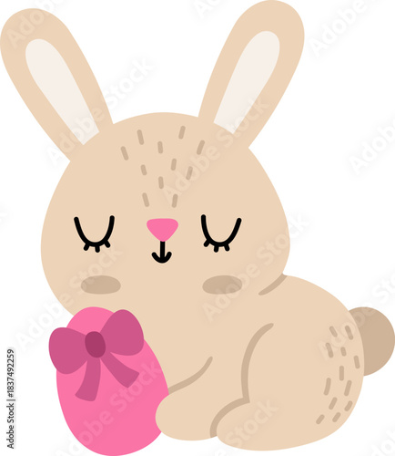 Vector Easter bunny sitting with pink decorated egg. Funny rabbit icon. Cute spring or farm animal illustration for kids. Funny hare clipart isolated on white background